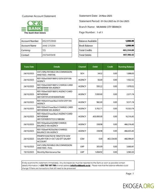 Modèle Word et PDF de relevé de compte bancaire CRDB de Tanzanie, version 2